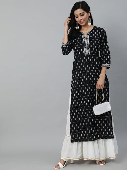 Women Black Calf Length Straight Kurta With Round Neck And Three Quarter Sleeves