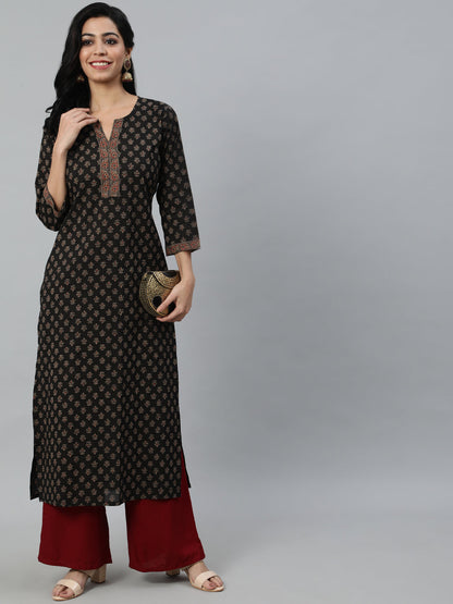 Women Brown Ethnic Printed Straight Kurta With Three Quarter Sleeves