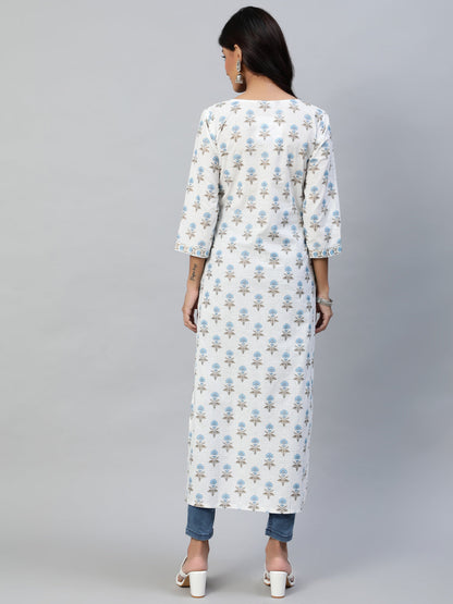 Women Off White Printed Straight Kurta With Three Quarter Sleeves