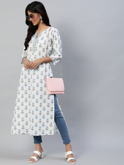 Women Off White Printed Straight Kurta With Three Quarter Sleeves