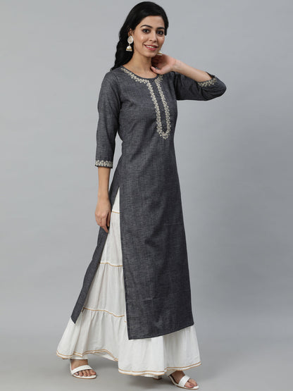 Women Grey Embroidered Straight Kurta With Three Quarter Sleeves