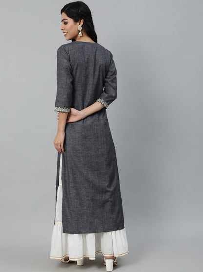 Women Grey Embroidered Straight Kurta With Three Quarter Sleeves