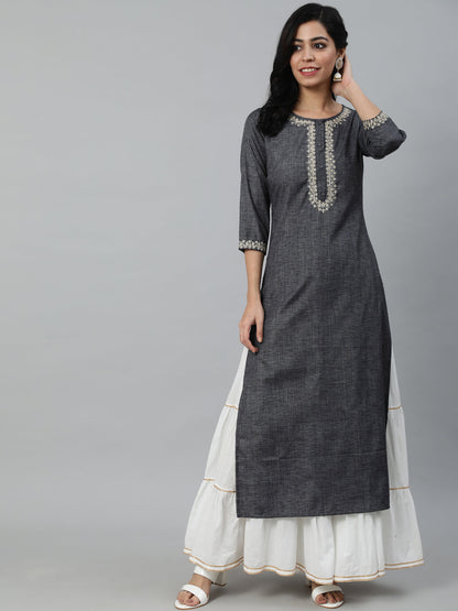 Women Grey Embroidered Straight Kurta With Three Quarter Sleeves