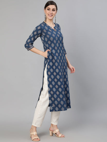 Women Blue Ethnic Motif Printed Straight Kurta With Three Quarter Sleeves