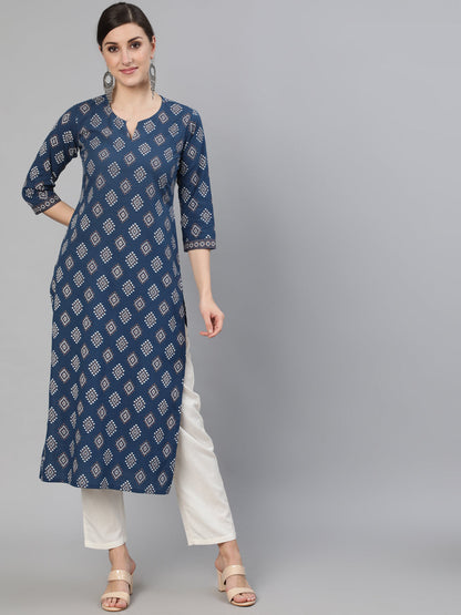 Women Blue Ethnic Motif Printed Straight Kurta With Three Quarter Sleeves