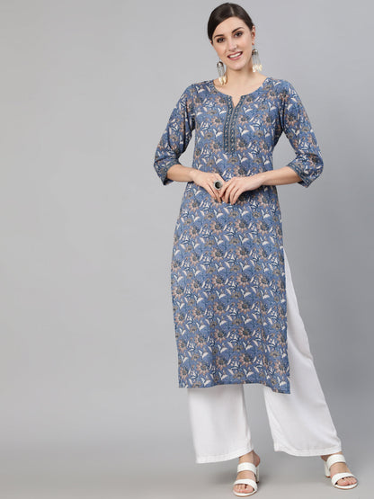 Women Blue & Beige Floral Printed Straight Kurta