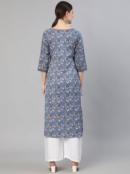 Women Blue & Beige Floral Printed Straight Kurta