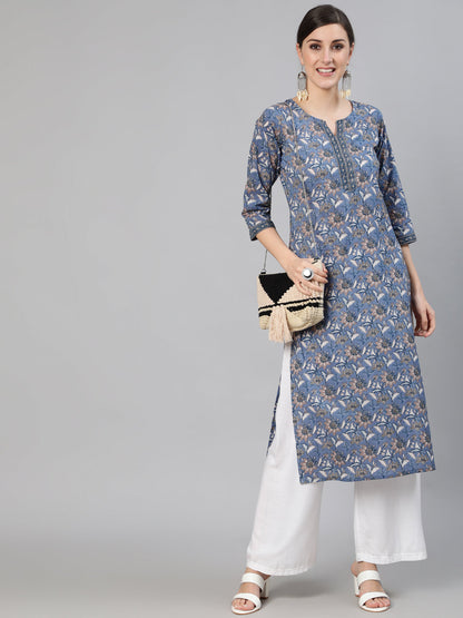 Women Blue & Beige Floral Printed Straight Kurta