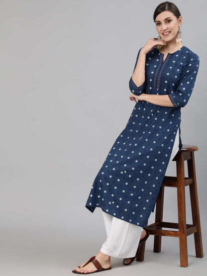 Women Navy Blue Ethnic Printed Straight Kurta With Three Quarter Sleeves