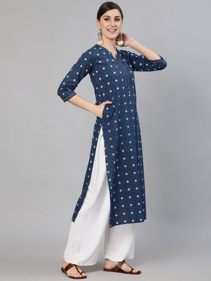 Women Navy Blue Ethnic Printed Straight Kurta With Three Quarter Sleeves