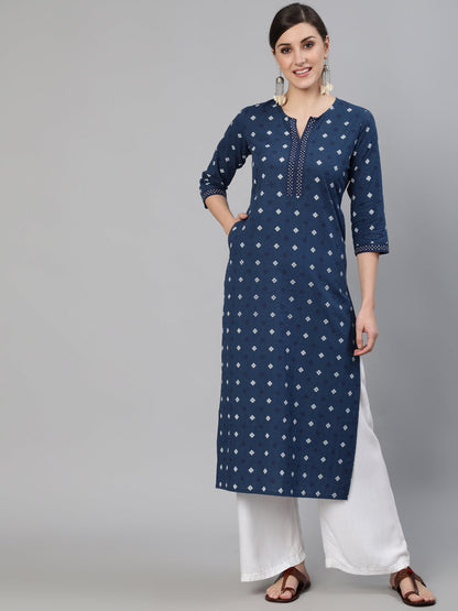 Women Navy Blue Ethnic Printed Straight Kurta With Three Quarter Sleeves