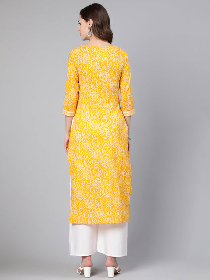 Yellow Bandhani Printed Straight Kurta With Three Quarter Sleeves