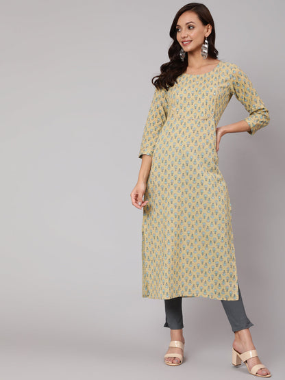 Yellow Thread Work Printed Straight Kurta With Three Quarter Sleeves