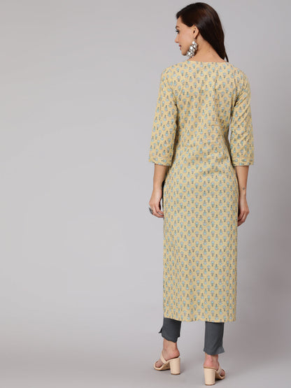 Yellow Thread Work Printed Straight Kurta With Three Quarter Sleeves