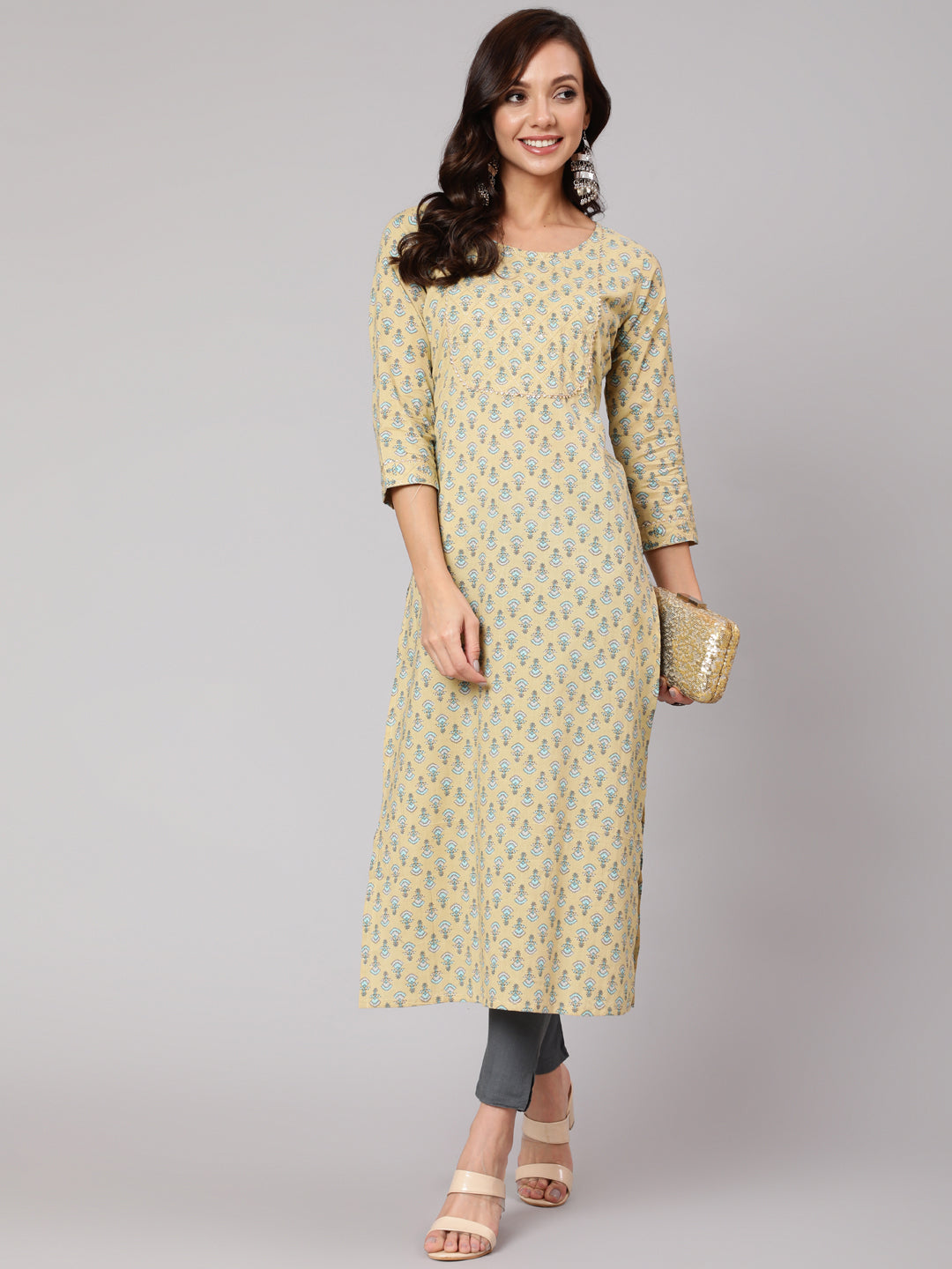 Yellow Thread Work Printed Straight Kurta With Three Quarter Sleeves