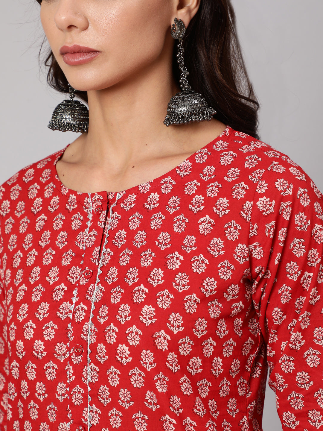 Red Ethnic Printed Straight Kurta With Three Quarter Sleeves