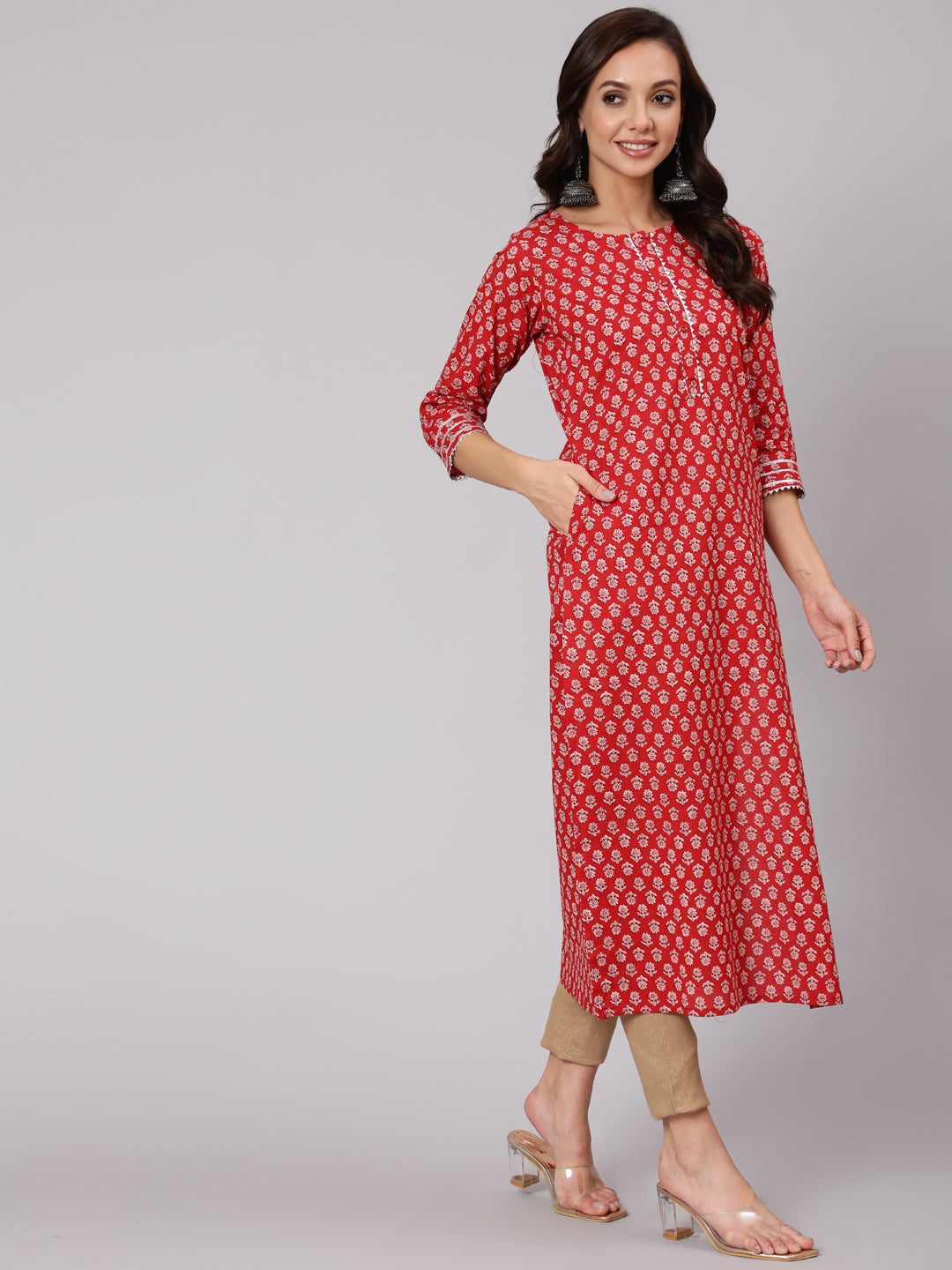 Red Ethnic Printed Straight Kurta With Three Quarter Sleeves