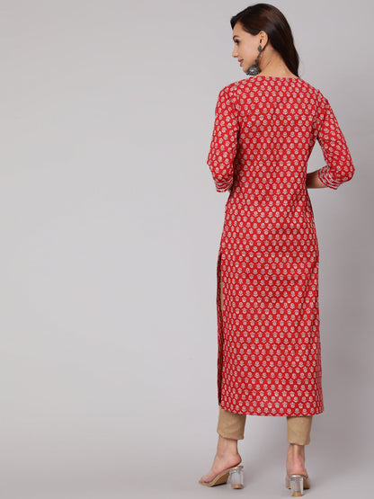 Red Ethnic Printed Straight Kurta With Three Quarter Sleeves