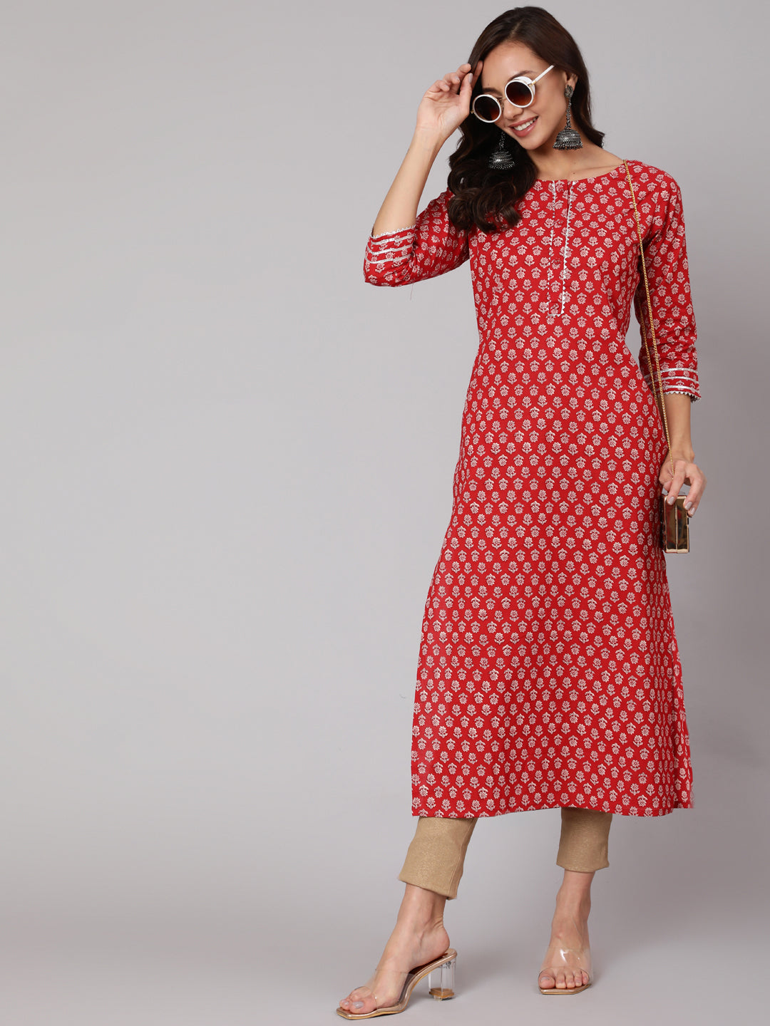 Red Ethnic Printed Straight Kurta With Three Quarter Sleeves