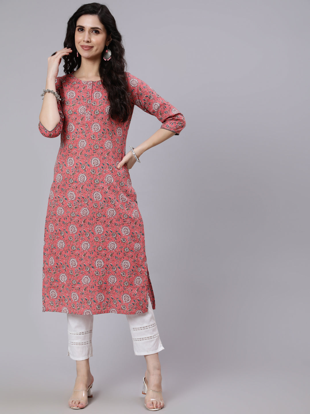 Pink Floral Printed Straight Kurta With Three Quarter Sleeves