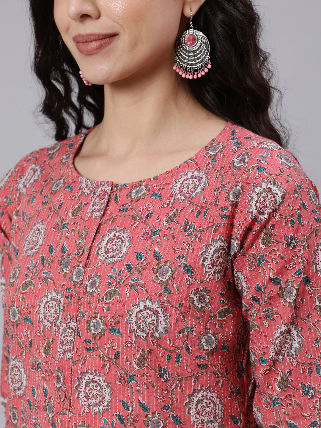 Pink Floral Printed Straight Kurta With Three Quarter Sleeves