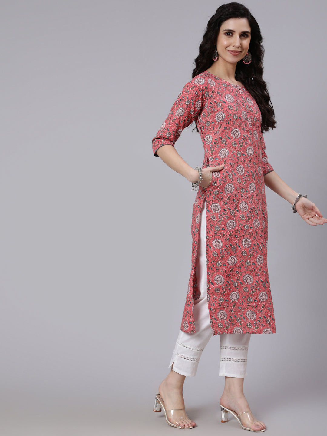 Pink Floral Printed Straight Kurta With Three Quarter Sleeves