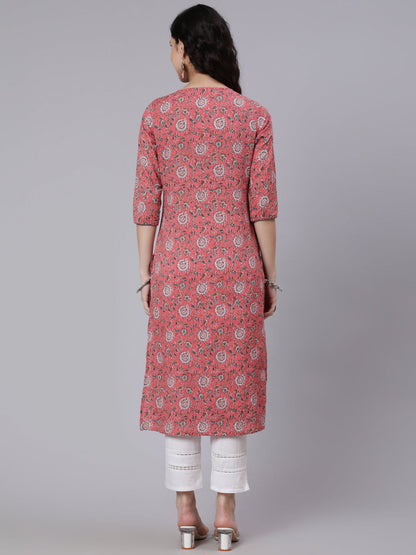 Pink Floral Printed Straight Kurta With Three Quarter Sleeves