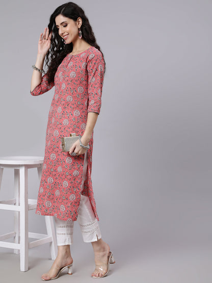 Pink Floral Printed Straight Kurta With Three Quarter Sleeves