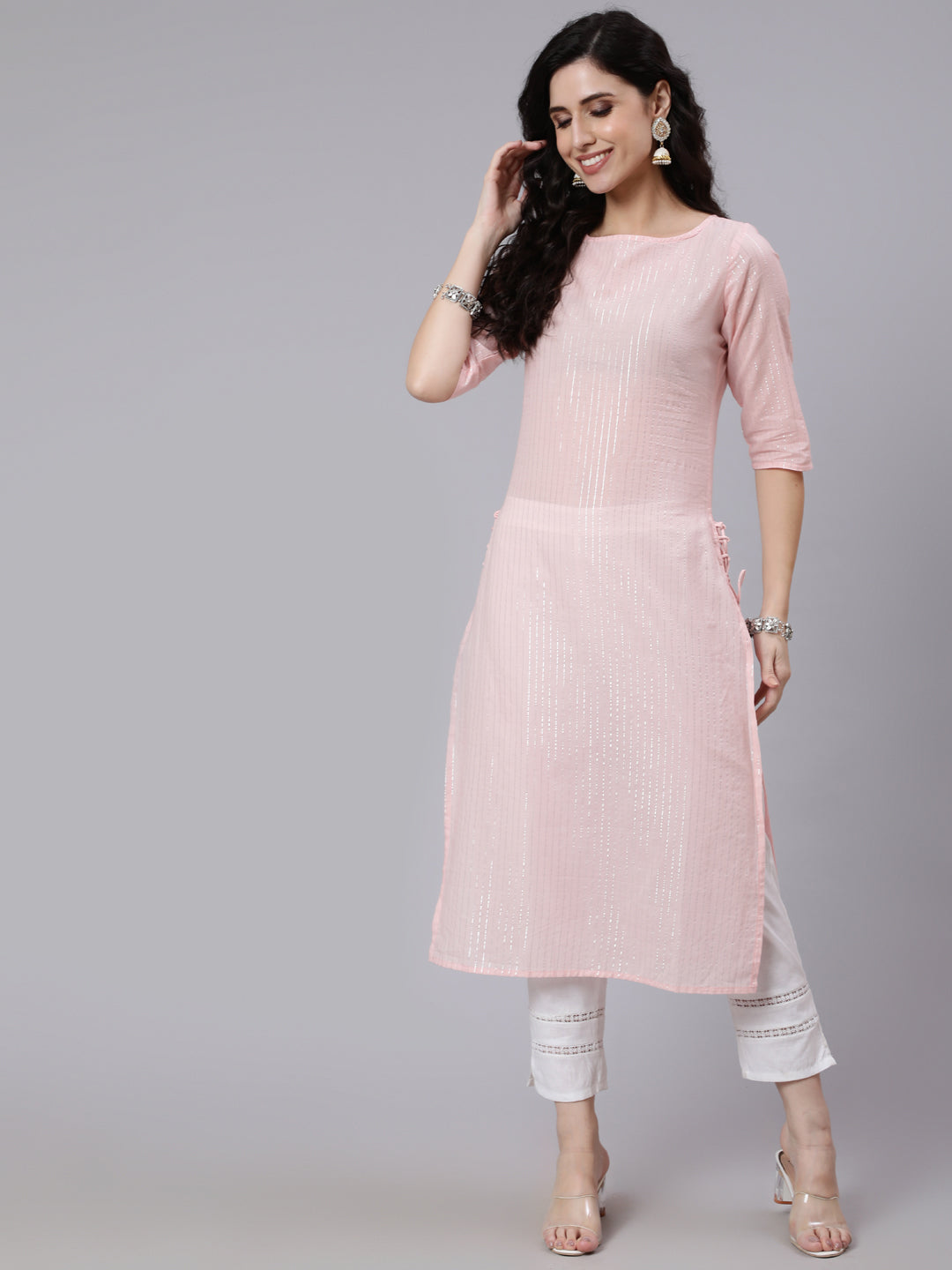 Pink Silver Striped Printed Straight Kurta With Three Quarter Sleeves