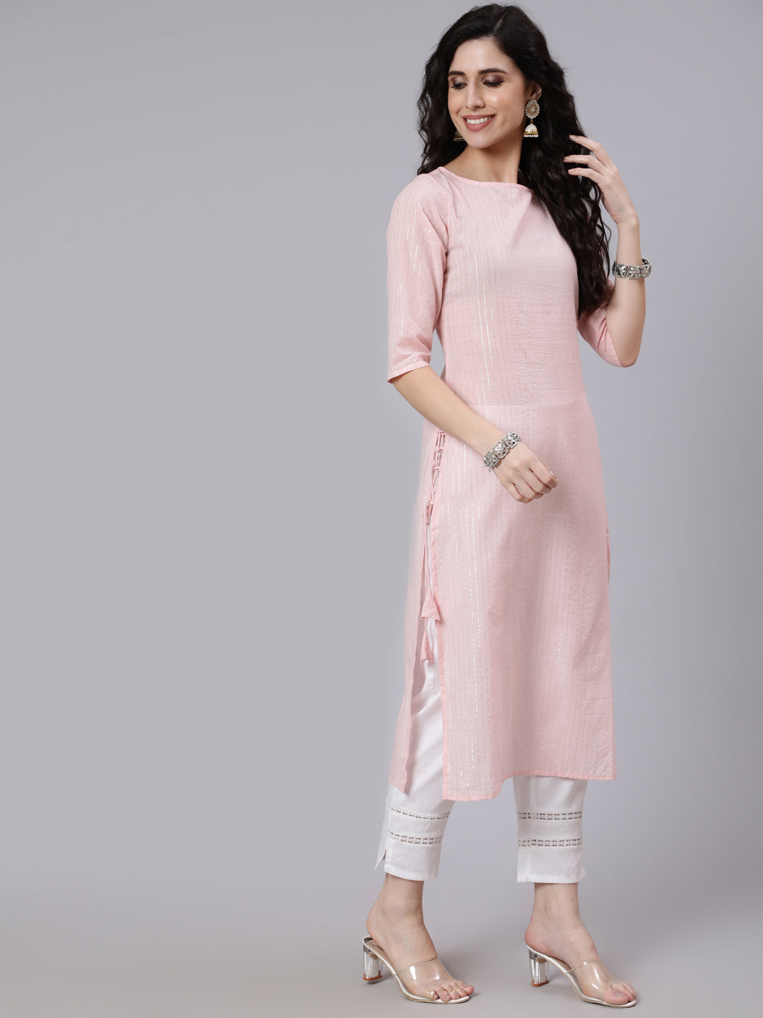 Pink Silver Striped Printed Straight Kurta With Three Quarter Sleeves