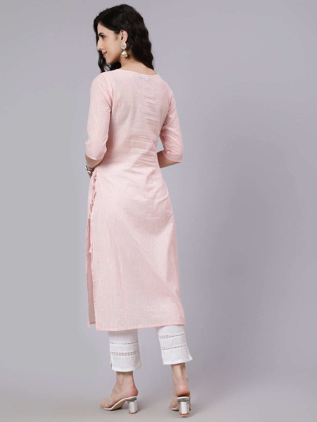 Pink Silver Striped Printed Straight Kurta With Three Quarter Sleeves