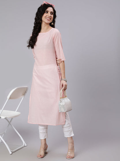 Pink Silver Striped Printed Straight Kurta With Three Quarter Sleeves