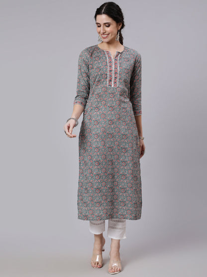 Grey Ethnic Printed Straight Kurta With Three Quarter Sleeves