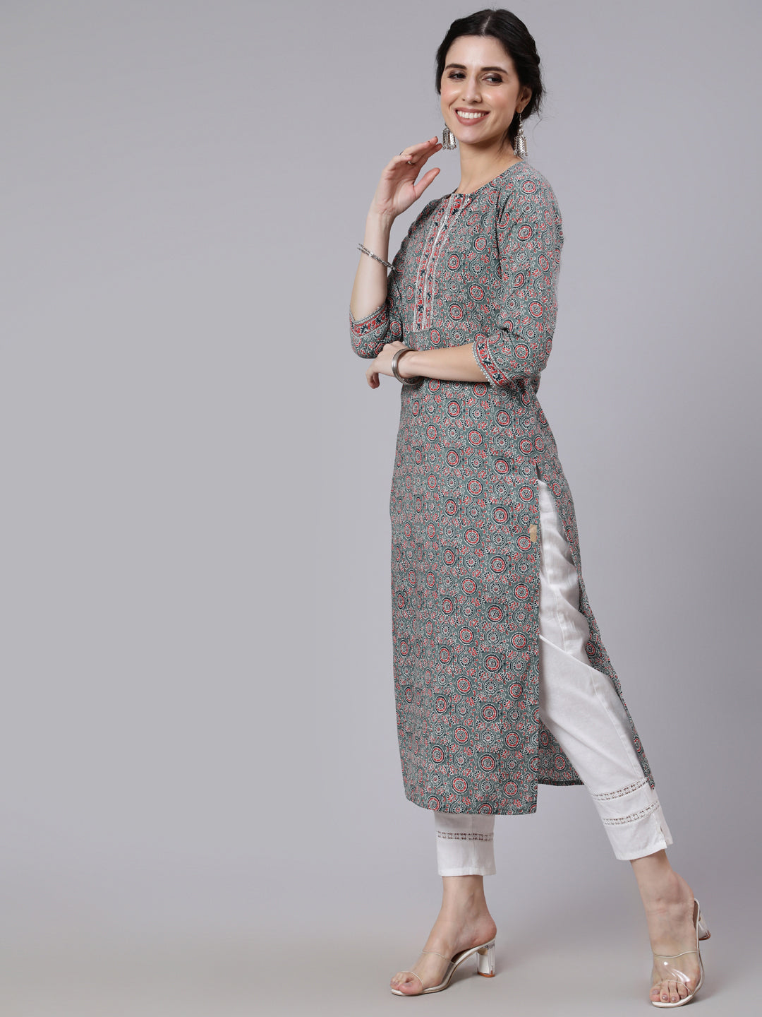 Grey Ethnic Printed Straight Kurta With Three Quarter Sleeves