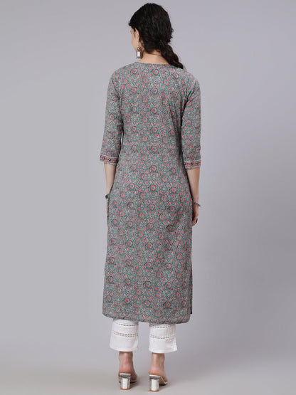 Grey Ethnic Printed Straight Kurta With Three Quarter Sleeves