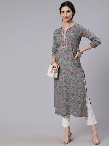 Grey Ethnic Printed Straight Kurta With Three Quarter Sleeves