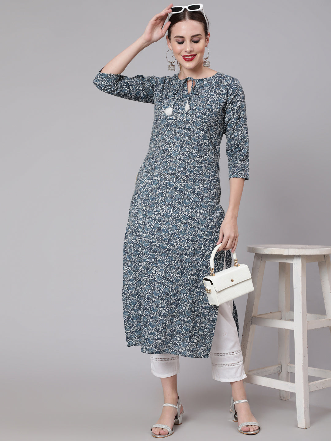 Blue Paisley Printed Straight Kurta With Three Quarter Sleeves