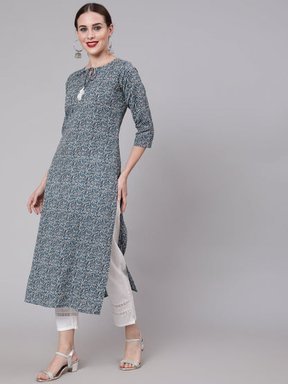 Blue Paisley Printed Straight Kurta With Three Quarter Sleeves