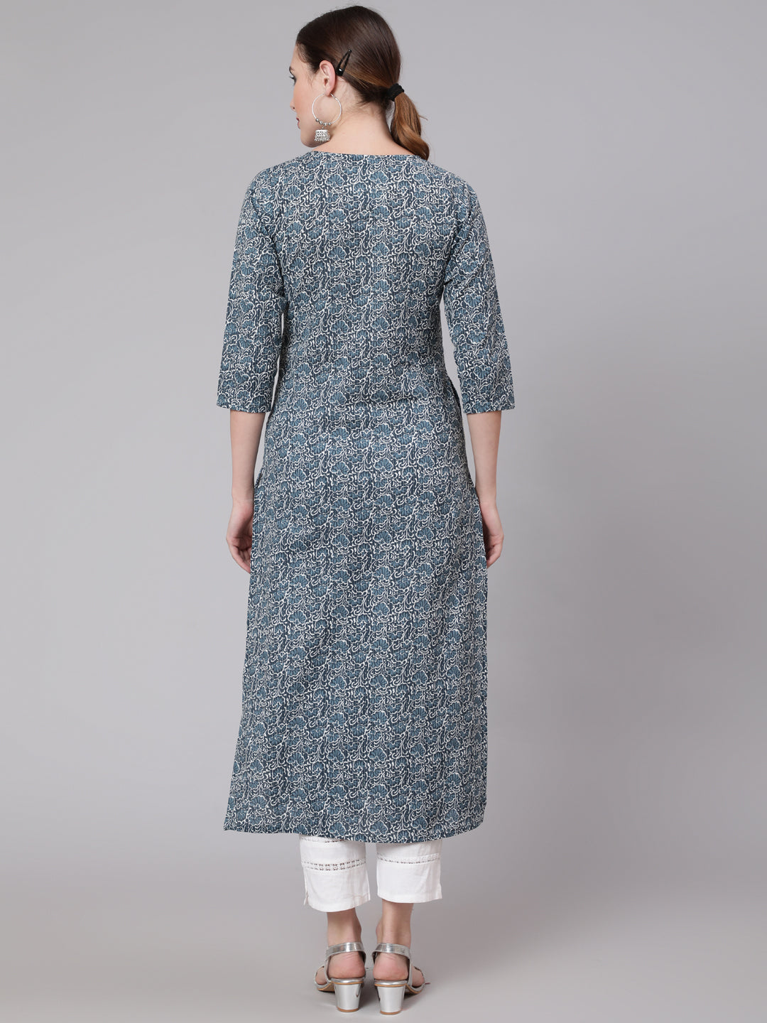 Blue Paisley Printed Straight Kurta With Three Quarter Sleeves