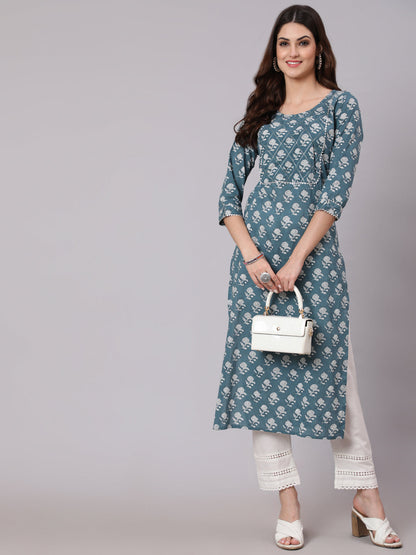 Grey Ethnic Printed Straight Kurta With Three Quarter Sleeves