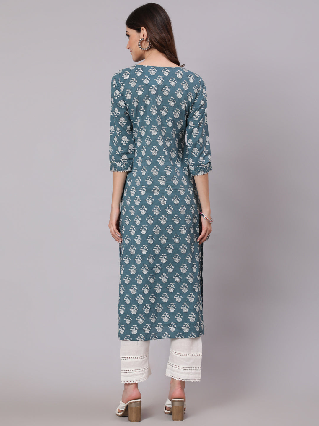 Grey Ethnic Printed Straight Kurta With Three Quarter Sleeves