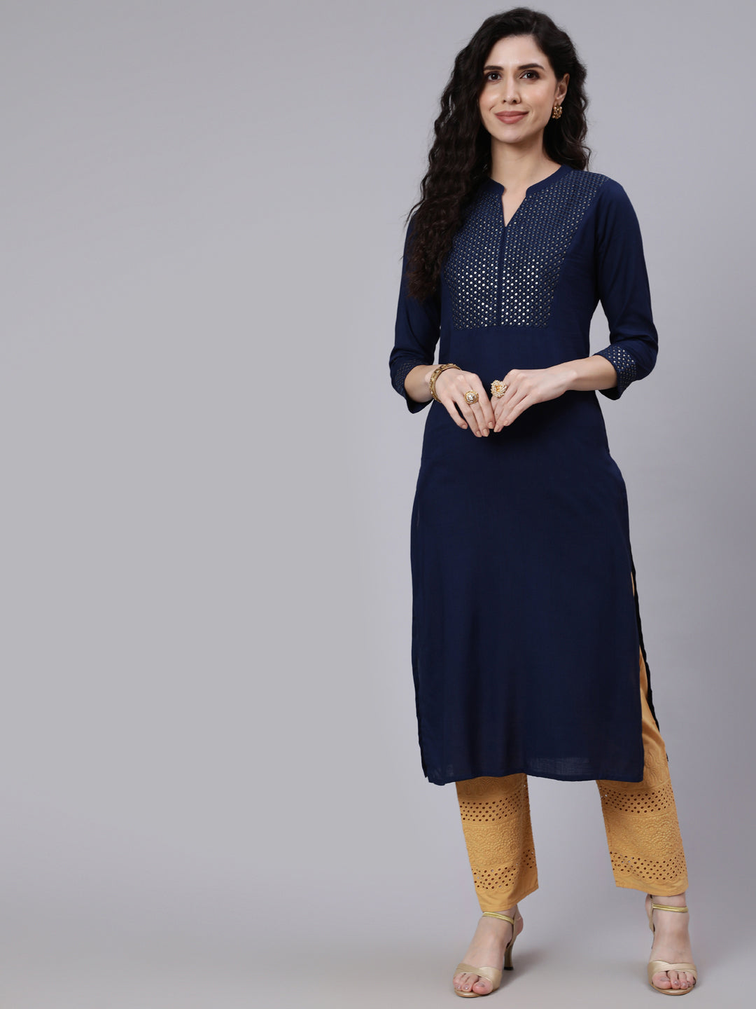 Navy Blue Embroidered Yoke Design Straight Kurta