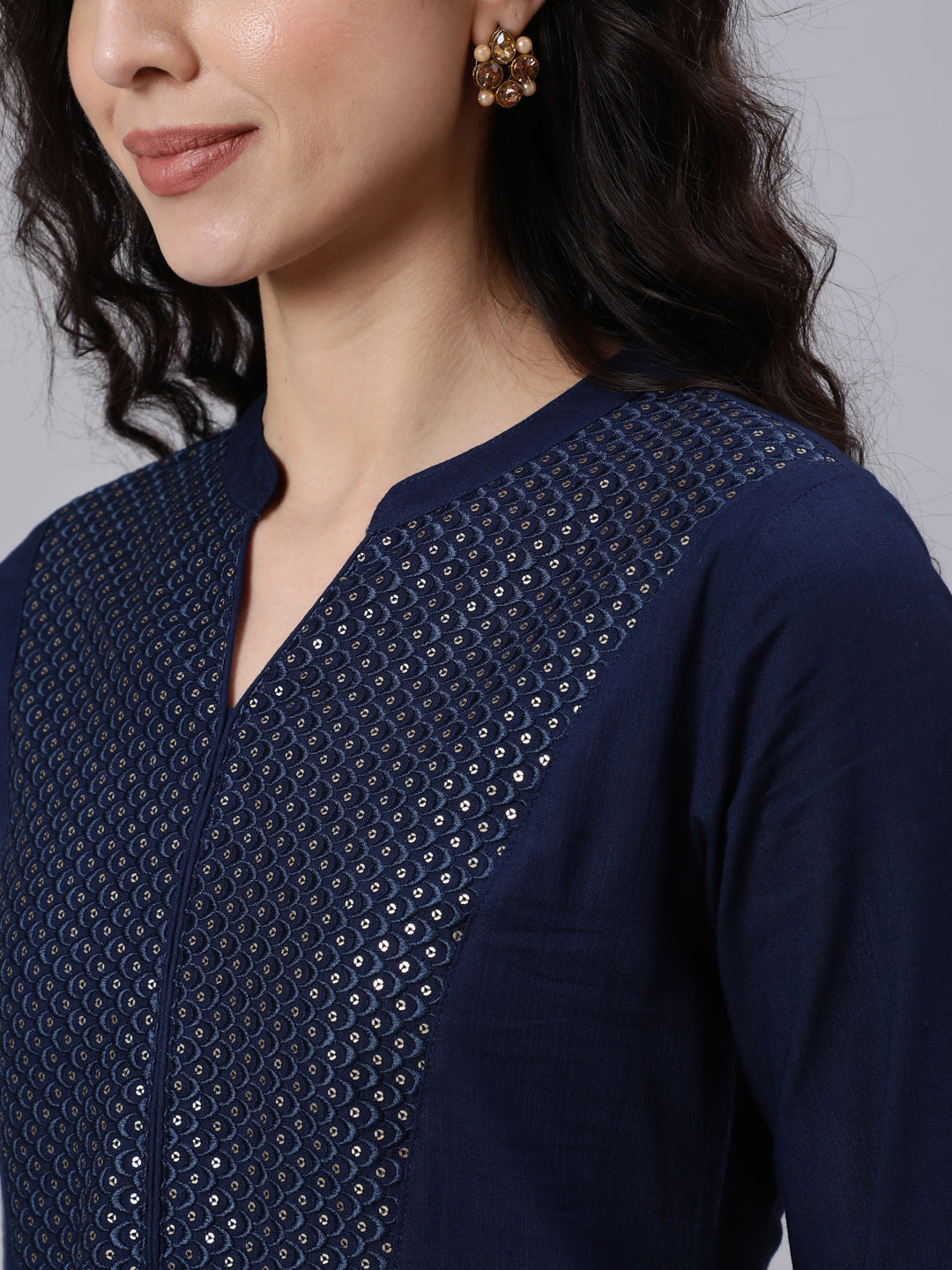 Navy Blue Embroidered Yoke Design Straight Kurta