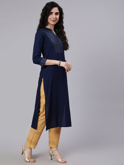 Navy Blue Embroidered Yoke Design Straight Kurta