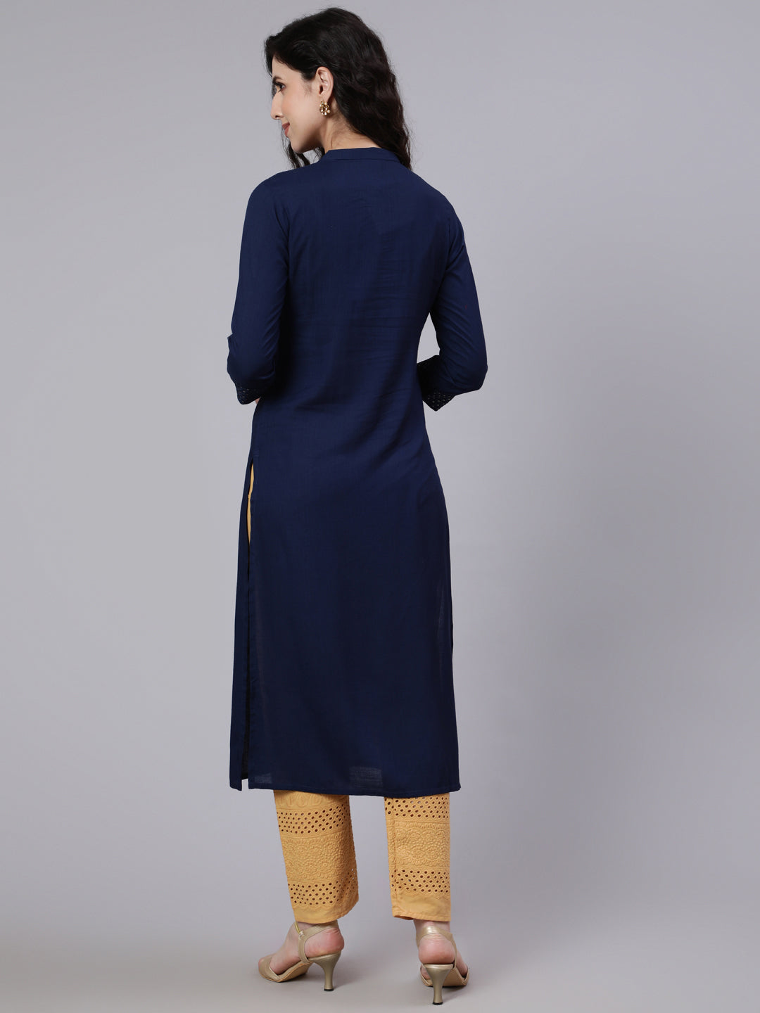 Navy Blue Embroidered Yoke Design Straight Kurta