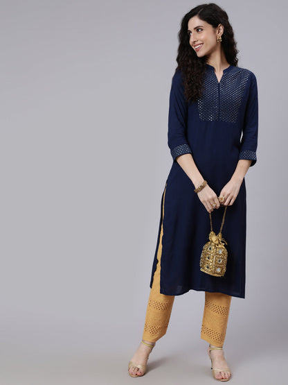 Navy Blue Embroidered Yoke Design Straight Kurta