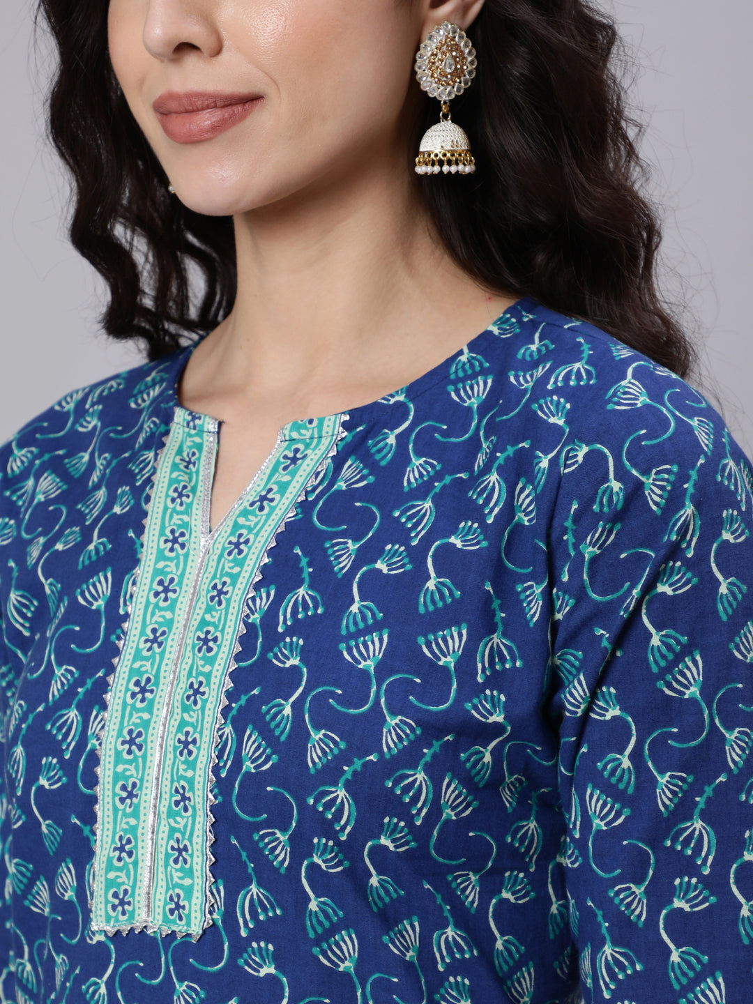 Blue Printed Straight kurta With Three Quarter Sleeves