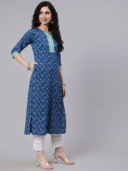 Blue Printed Straight kurta With Three Quarter Sleeves