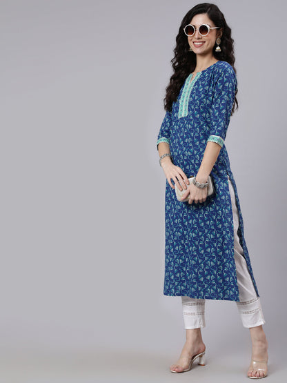 Blue Printed Straight kurta With Three Quarter Sleeves