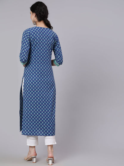 Blue Printed Straight kurta With Three Quarter Sleeves